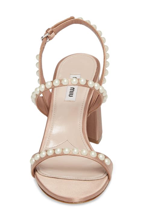 miu miu faux pearl embellished satin sandals|Miu Miu Imitation Pearl Crystal Embellished Slingback .